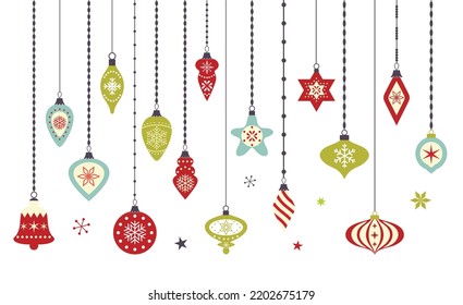 merry Christmas ornament decorative illustration pattern. Christmas ornaments hanging vector design.