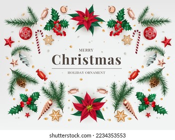 Merry christmas ornament, greeting card decor. Holiday greeting poster with noel branch. Xmas frame, fir branches, winter flowers and decorative toys. Vector illustration exact background