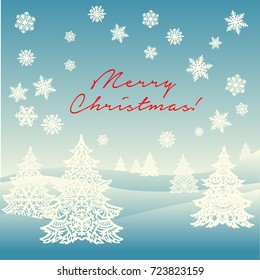 Merry Christmas ornament landscape postcard with graphic Christmas trees, snowflakes, snow and red sign "Merry Christmas"