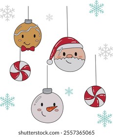 Merry Christmas Ornament with Santa face and gingerbread snowman