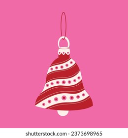 Merry Christmas ornament vector illustration, pink and red holiday baubles hand drawn art, hanging xmas ball decoration
