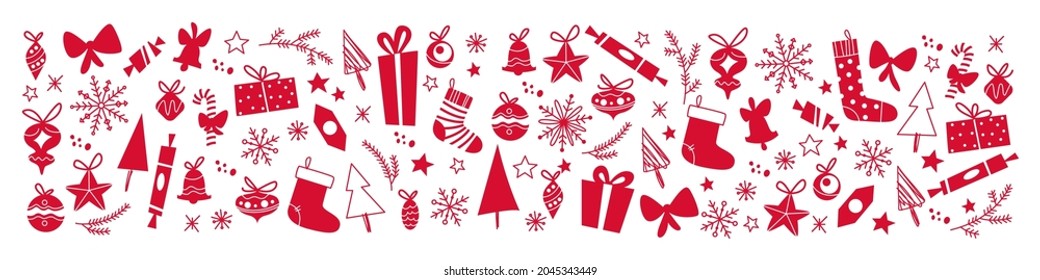 Merry Christmas ornament with xmas baubles and symbols banner. Vector flat illustration. For cards, banners, prints, packaging, invitations.