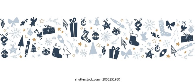 Merry Christmas ornament with xmas baubles and symbols banner. Vector flat illustration. For cards, banners, prints, packaging, invitations.