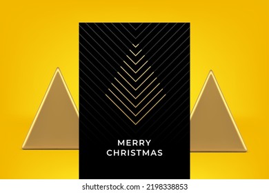 Merry Christmas ornamental greeting card golden triangular decorative design vector illustration. Happy New Year congratulations poster stripes line style black Xmas composition with place for text