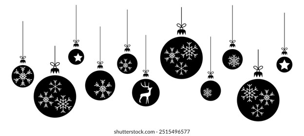 Merry christmas ornaments with black hanging balls decoratoin for new year vector illustration isolated on white background.