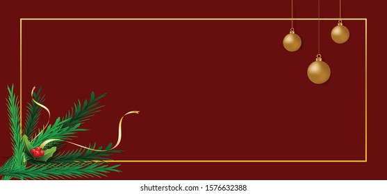 Merry Christmas. Christmas ornaments, green pine leaves and golden ribbons on red background. Vector illustration.