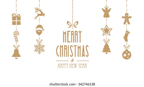 merry christmas ornaments hanging gold isolated background