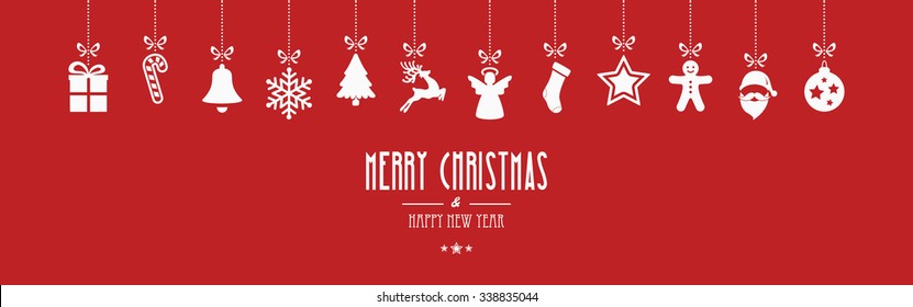 merry christmas ornaments hanging red background