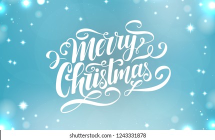 Merry Christmas ornate vector lettering. Handwritten xmas card. Modern calligraphy. Holiday hand lettered design template for poster, flyer, banner. Abstract blue background with shiny sparkles. 