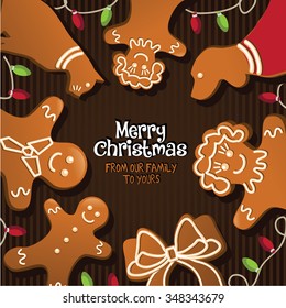 Merry Christmas From Our Family To Yours With Gingerbread Mom, Dad, Son, Daughter And Pets. EPS 10 Vector Royalty Free Illustration.