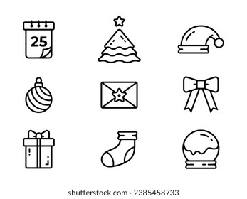 Merry Christmas outline icon set for UI design, sticker, etc. Stroke line icon vector