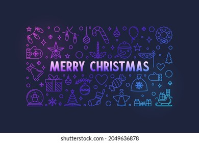 Merry Christmas outline modern horizontal Banner - vector Xmas concept colored illustration on dark background