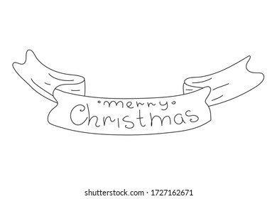 Merry Christmas outline. Vector stock doodle design on festive tape isolated on white background. Creative Holiday Greeting.