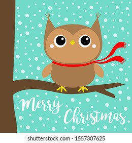 Merry Christmas. Owl bird wearing red scarf. Cute cartoon kawaii funny baby character sitting on tree branch. Snow flake blue background. Greeting card. Flat design. Vector illustration