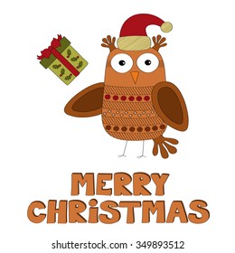 Merry Christmas owl with gift vector background 