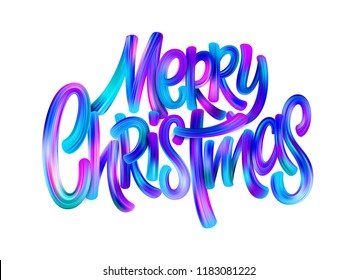 Merry Christmas pincel con letras degradadas. Saludo de Navidad. Trazos de pincel azul y rosa. Mata de pintura de aceite. Feliz Navidad con letras acrílicas. Cartel, elemento de diseño de afiches. Vector aislado