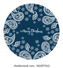 Merry Christmas. Paisley pattern. Round frame.