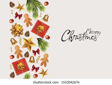 Merry Christmas panoramic banner with wrapped gift boxes, pine tree leaves, baubles, fairy lights and conifer cone. Colorful decorations. Holiday vector
