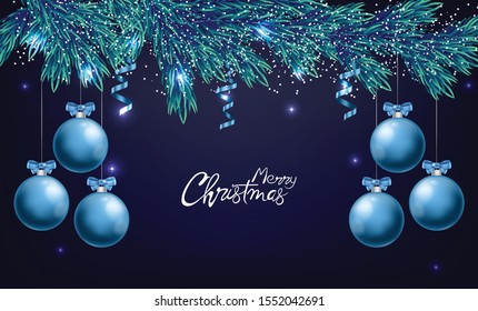 Merry christmas panoramic composition with blue ornamented baubles with ribbon. Snowflakes and white lights on background. Holiday Vector