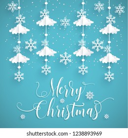 Merry Christmas with paper art design. there are beautiful clouds and snow