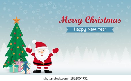 Merry Christmas Paper Art and New Year. Santa Claus with gift box with snowflake blue background, vector illustration