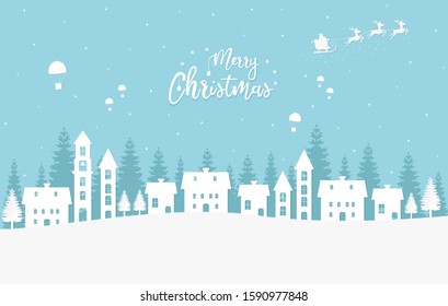 Merry christmas paper art style illustration design, with many houses and forest, santa claus flying with reindeer and falling gifts/presents using parachutes in the sky.