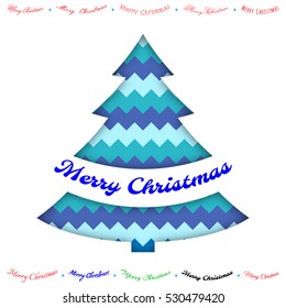 Merry Christmas paper blue greeting card, with cut in christmas tree form, color zigzag wave background, handwritten inscription. Vector
