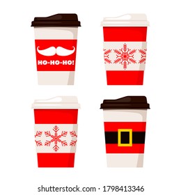 Merry Christmas paper coffee or tea cups decorated santa claus belt, ho-ho-ho and snowflakes illustration isolated on white background. Vector flat style set  winter x-mas drink to go design elements.
