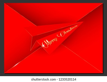 Merry Christmas paper cut design greeting card. Red Paper cuting airplane, Gold Merry Christmas flying, vector illustration Envelope icon background 