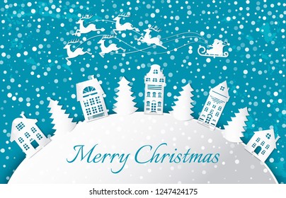 Merry Christmas paper cut of flying reindeer  vector. Snowing weather, snowflakes falling down on old town. Polar deers with Santa Claus sleigh in sky, paper art and craft style