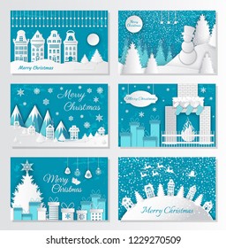Merry Christmas paper cut, old town in winter vector. Snowman wearing hat, pine wood with mountains and hills. Fir and presents, Santa Claus gifts