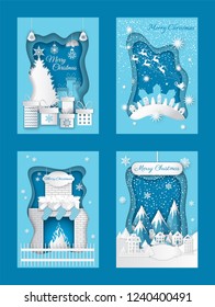 Merry Christmas paper cut with pine tree decorated with baubles star vector. Presents and gifts, fireplace with fire fir branch, wood and mountains