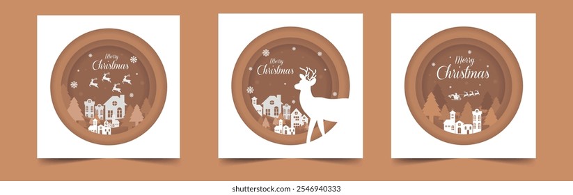 Merry Christmas paper cut set. Merry Christmas and happy new year pine, the village with the mountain elements in paper cut decoration. Vector illustration holiday season.