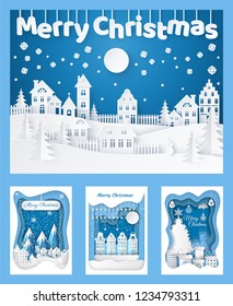 Merry Christmas paper cut silhouettes cards set vector. Chimney with fire and socks, nature wood of pine trees and building of town city in evening