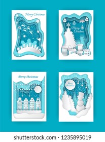 Merry Christmas paper cut, snowman and pine wood vector. Old fashioned city, town buildings and flying reindeer  with sleigh of Santa Claus above