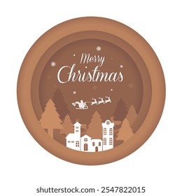 Merry Christmas paper cut with tree in the village with the mountain vector. Multi-layered decorative illustration.