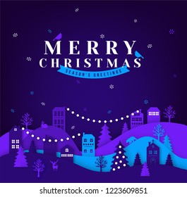 Merry Christmas paper cut vector illustration. Greeting card with Christmas tree and paper cut city.