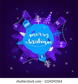 Merry Christmas paper cut vector illustration. Greeting card with Christmas tree and paper cut city.