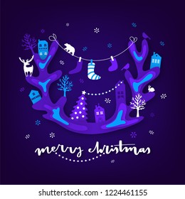 Merry Christmas paper cut vector illustration. Greeting card with Christmas tree and paper cut city.