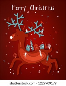 Merry Christmas paper cut vector illustration. Greeting card with Christmas tree and paper cut city.