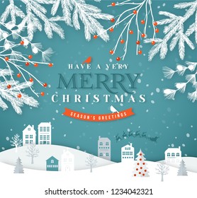 Merry Christmas paper cut vector illustration. Christmas greeting card