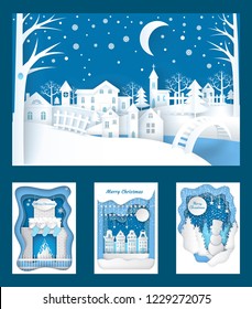 Merry Christmas paper cuts of town nature vector. Snowman wearing top hat in fir wood, fireplace with sock for gifts, city in evening. Snowing weather