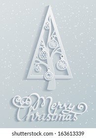 Merry christmas. Paper design. Festive spruce with Christmas balls. Hand-written text. Vector illustration for your design. Christmas template. Blank space for your text. Vector greeting card.