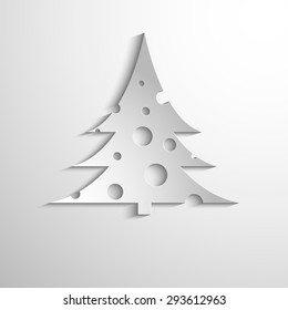 Merry christmas. Paper design. Festive spruce with Christmas balls. Vector illustration for your design. Christmas template. Blank space for your text. Vector greeting card.