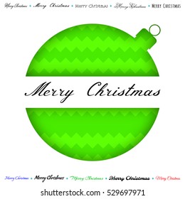 Merry Christmas Paper green greeting card, with cut in ball form, color zigzag wave background, handwritten inscription. Vector