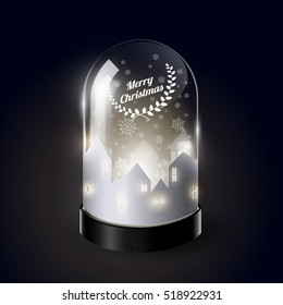 Merry Christmas With Christmas Paper Houses In Glass Dome, Isometric View, Vector