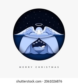 Merry Christmas paper layered style greeting card. Angel bowed over the newborn Christ