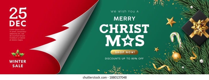 Merry Christmas, paper roll tree shape, black gift box gold ribbons, candy cane, pine leaves and gold ball banner design on red and green background, Eps 10 vector illustration