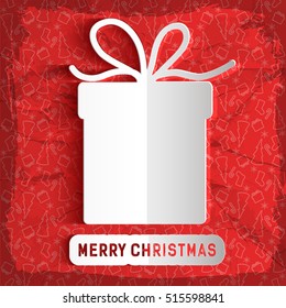 Merry Christmas paper template with present and cut out inscription on red icons pattern vector illustration