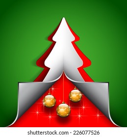 Merry Christmas paper tree design greeting card with curled corners - vector illustration